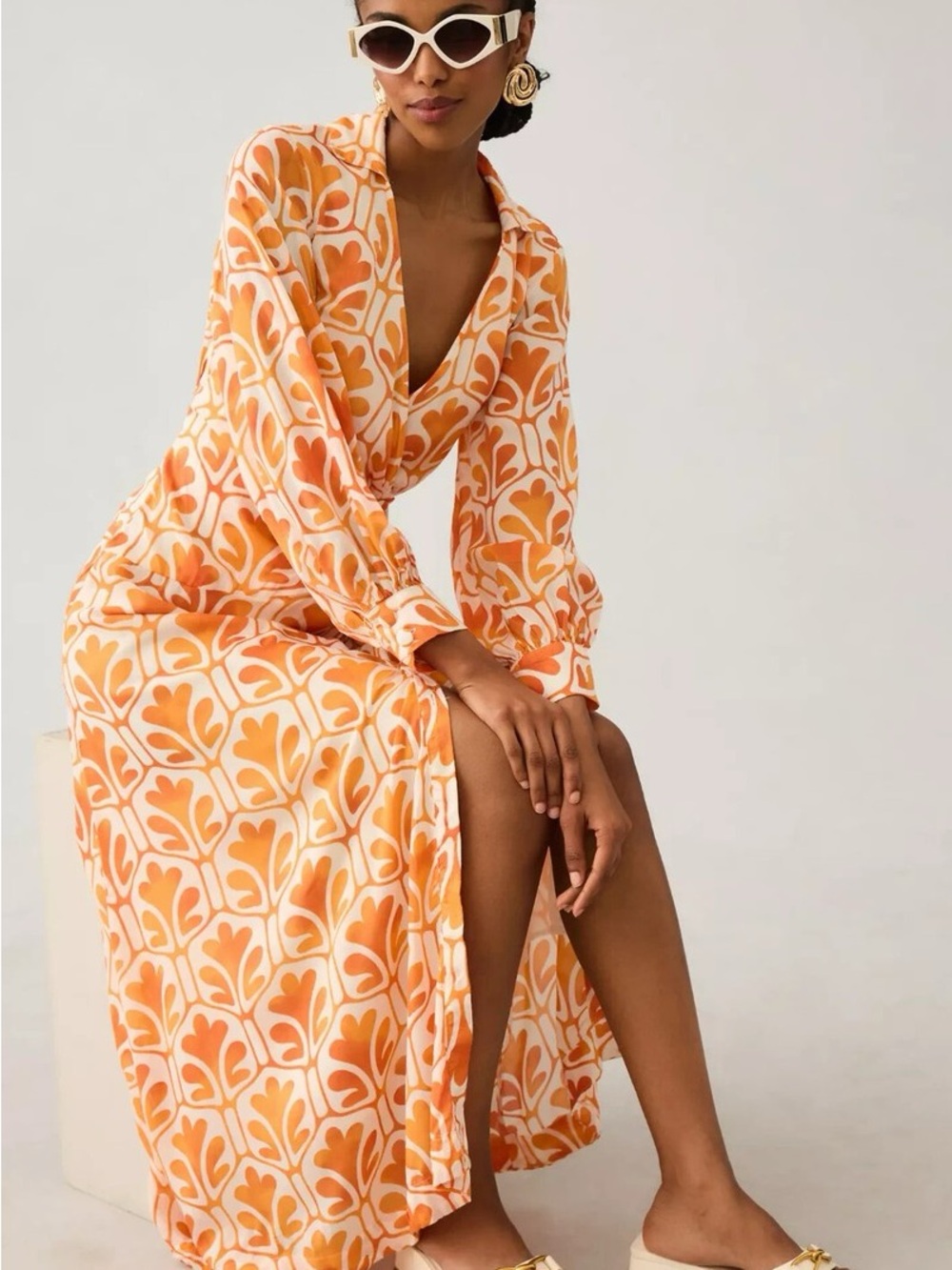 Anthropologie Orange Floral Maxi Dress, Large
